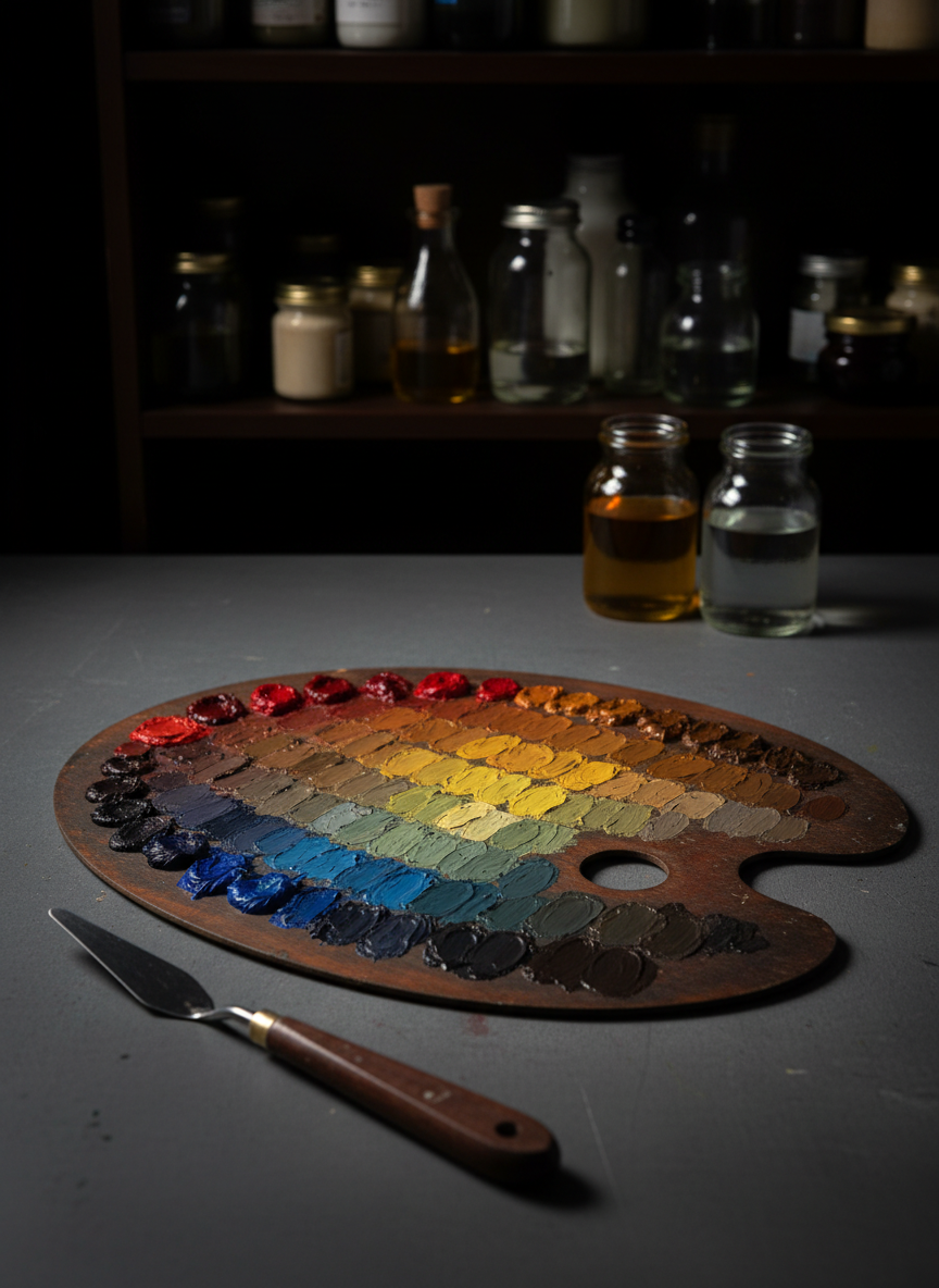A heavy, oval-shaped wooden palette dominates the foreground, its surface curated with deliberate color strings transitioning smoothly from pure pigment to subtle neutralized tones. Each dab of oil paint has a velvety, buttery sheen, reflecting tiny points of warm studio light. Beneath the palette lies a slate-grey tabletop with a single, pristine palette knife resting diagonally, its metal blade catching a sharp highlight along the edge. The background reveals an out-of-focus arrangement of glass jars filled with linseed oil, turpentine, and refined mediums on a dark walnut shelf. Dramatic, cinematic side lighting from an unseen lamp creates a chiaroscuro effect, emphasizing the tactile richness of the paint. Shot from a slightly elevated angle with the palette centered but framed by negative space, the composition feels controlled, intentional, and quietly luxurious, evoking the mindset of a master color mixer.