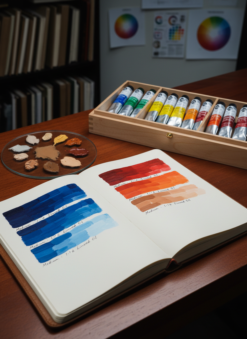 A polished mahogany workbench displays an open, leather-bound color notebook beside a segmented wooden box of premium oil paint tubes, arranged by temperature from coolest blues to warmest reds. On the notebook page, carefully painted oil swatches step through controlled value shifts of a single hue, annotated with precise medium ratios. A small, circular glass palette nearby holds nuanced, pre-mixed skin-tone neutrals, each mound of paint with a soft, satiny gleam. Cool, indirect studio lighting from overhead panels creates even illumination with gentle, cinematic falloff at the frame’s edges, preserving subtle color relationships without harsh shadows. Shot at a three-quarter angle with the notebook placed along the lower third, the depth of field keeps every note and swatch legible while the background—shelves of archived sketchbooks and color wheels—softly blurs. The mood is scholarly, disciplined, and unmistakably sophisticated, celebrating methodical color study.