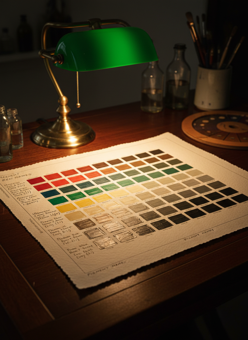 A close-up view of a meticulously organized color chart on heavy, deckled-edge paper, each square painted with oil mixtures ranging from vibrant complementary contrasts to perfectly calibrated greys. Handwritten pigment names and ratios in crisp, dark ink line the margins, adding a scholarly precision. The chart rests on a deep, espresso-colored drafting table, with an antique brass desk lamp arcing overhead. The lamp casts a warm, focused pool of light that reveals the subtle gloss of drying oil and the paper’s toothy texture, while the surrounding studio falls into soft shadow. Captured from a slightly oblique, cinematic angle, the frame uses the rule of thirds, letting the chart dominate while blurred glass bottles and an old wooden color wheel sit in the background. The mood is intellectual, refined, and quietly obsessive about color accuracy.