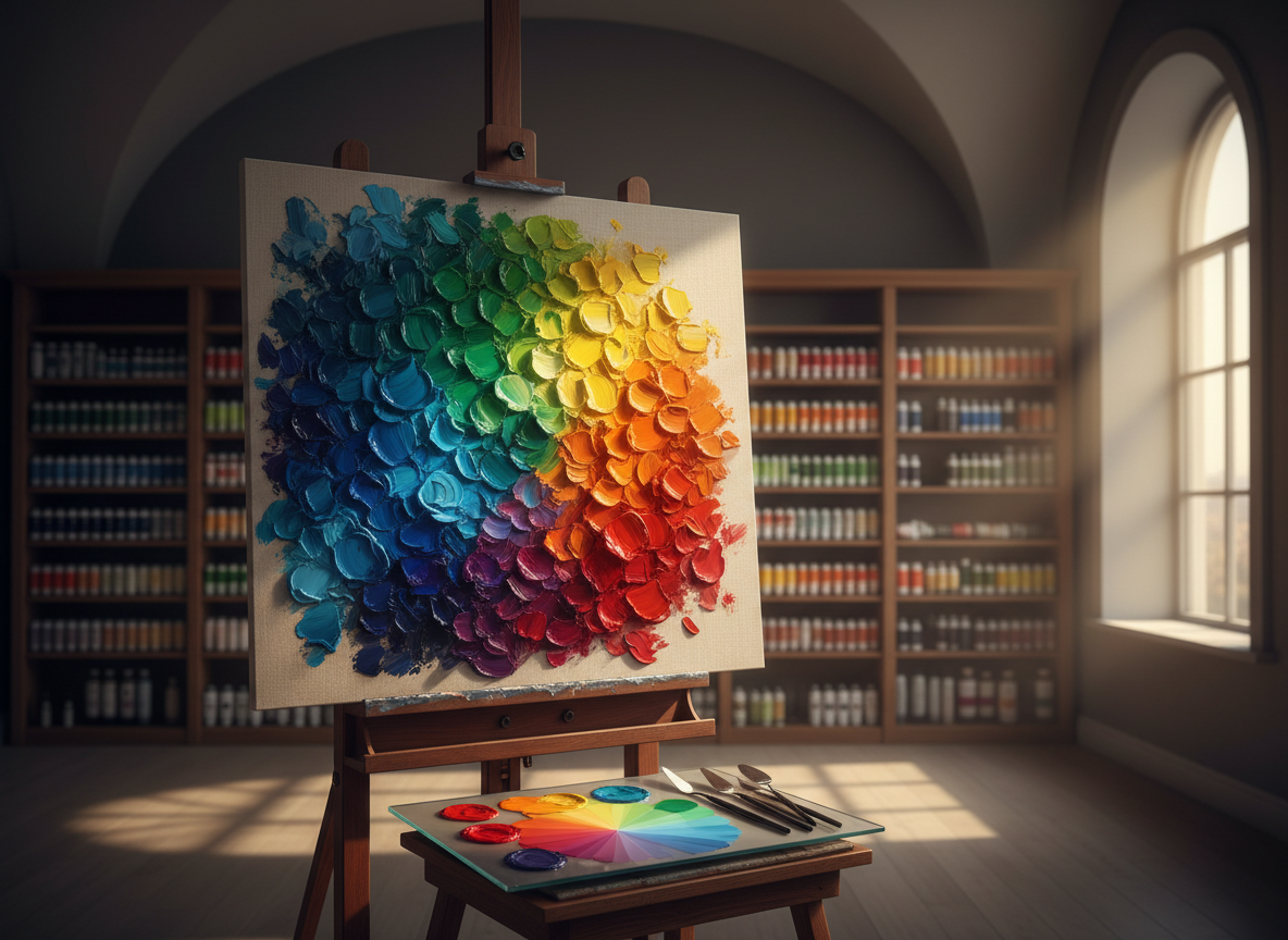 A richly stained wooden easel holds a large linen canvas, half-covered in harmoniously blended oil swatches—from cool ultramarine blues to warm cadmium oranges, each stroke thick with impasto texture. At the base, an organized glass palette displays neatly arranged pools of primary and secondary colors, each subtly mixed into precise gradients. The scene is set in an elegant, high-ceilinged studio with muted charcoal walls and floor-to-ceiling shelves of neatly labeled paint tubes. Late afternoon light pours through a tall window, casting cinematic, directional beams that skim across the wet paint, creating glistening highlights and soft, elongated shadows. Captured at eye level with a shallow depth of field that keeps the canvas and palette in crisp focus while the background fades into a refined blur, the atmosphere feels sophisticated, contemplative, and impeccably professional.