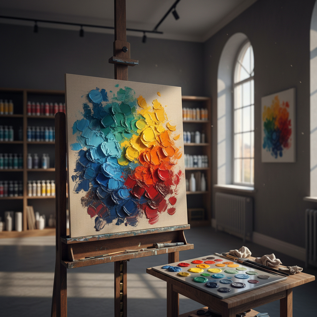 A richly stained wooden easel holds a large linen canvas, half-covered in harmoniously blended oil swatches—from cool ultramarine blues to warm cadmium oranges, each stroke thick with impasto texture. At the base, an organized glass palette displays neatly arranged pools of primary and secondary colors, each subtly mixed into precise gradients. The scene is set in an elegant, high-ceilinged studio with muted charcoal walls and floor-to-ceiling shelves of neatly labeled paint tubes. Late afternoon light pours through a tall window, casting cinematic, directional beams that skim across the wet paint, creating glistening highlights and soft, elongated shadows. Captured at eye level with a shallow depth of field that keeps the canvas and palette in crisp focus while the background fades into a refined blur, the atmosphere feels sophisticated, contemplative, and impeccably professional.
