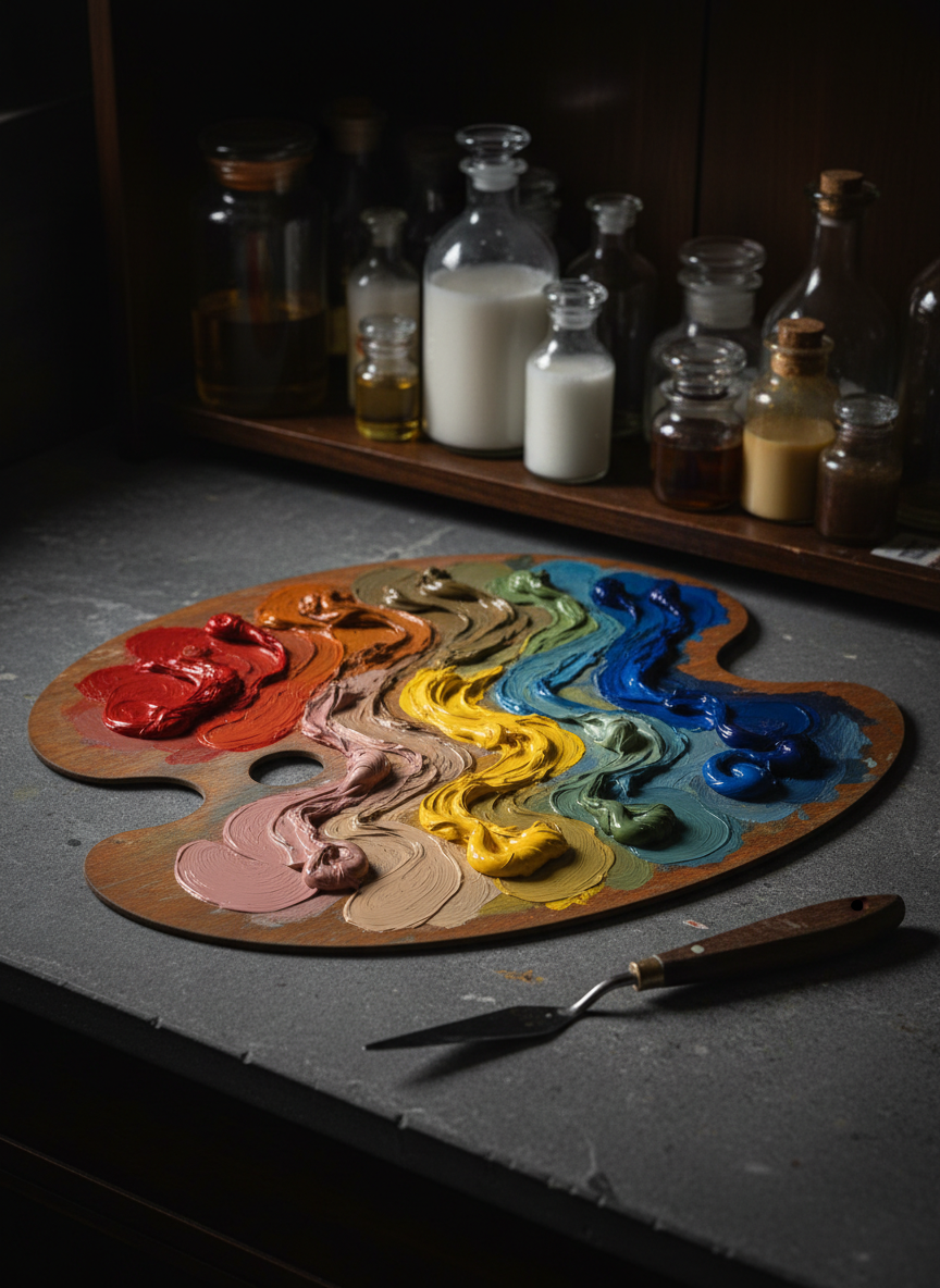 A heavy, oval-shaped wooden palette dominates the foreground, its surface curated with deliberate color strings transitioning smoothly from pure pigment to subtle neutralized tones. Each dab of oil paint has a velvety, buttery sheen, reflecting tiny points of warm studio light. Beneath the palette lies a slate-grey tabletop with a single, pristine palette knife resting diagonally, its metal blade catching a sharp highlight along the edge. The background reveals an out-of-focus arrangement of glass jars filled with linseed oil, turpentine, and refined mediums on a dark walnut shelf. Dramatic, cinematic side lighting from an unseen lamp creates a chiaroscuro effect, emphasizing the tactile richness of the paint. Shot from a slightly elevated angle with the palette centered but framed by negative space, the composition feels controlled, intentional, and quietly luxurious, evoking the mindset of a master color mixer.