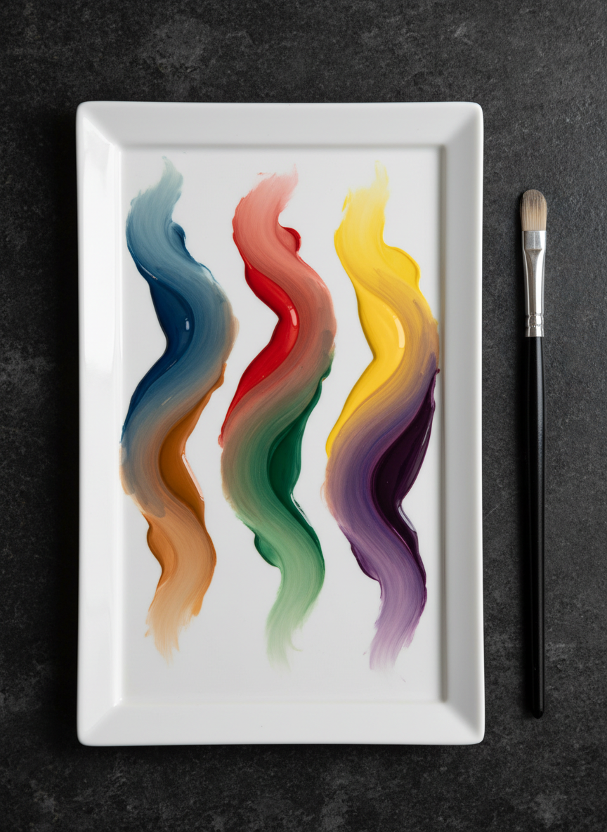 An immaculate porcelain mixing tile, pure white with softly beveled edges, is laid on a dark, matte stone countertop. Across its surface, three disciplined color pathways radiate outward: a blue-to-orange neutral scale, a red-to-green harmony, and a yellow-to-violet sequence, each rendered in smooth, creamy oil transitions with no visible brush marks. A single, slender, long-handled brush with a polished black ferrule rests beside the tile, its bristles tipped with a perfectly mixed neutral grey. Overhead, cool, diffused daylight from a north-facing window bathes the scene, ensuring flawless color fidelity, while a subtle rim of reflected light defines the tile’s edge. Filmed in a cinematic, overhead top-down composition with crisp focus and a minimalist aesthetic, the atmosphere feels clinical yet luxurious—an elegant laboratory for mastering color mixing without guesswork.