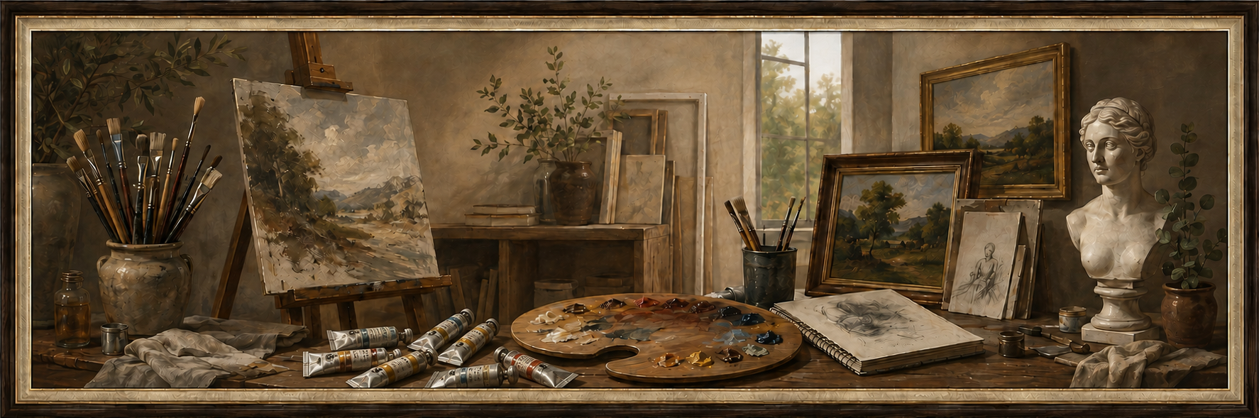 Oil painting displayed in a warm artist-studio setting